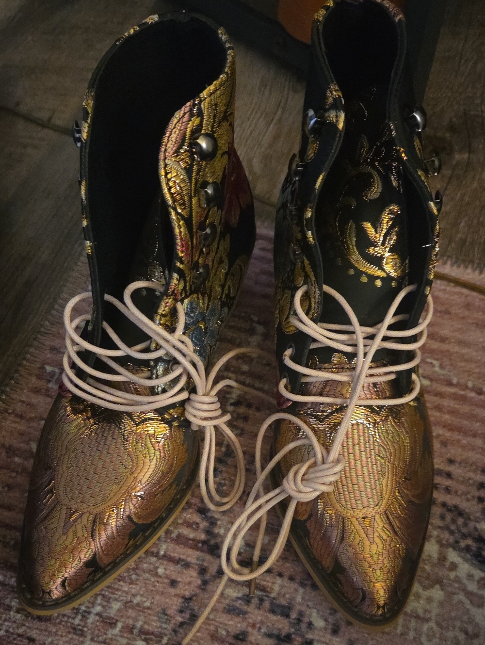 Multi Colored Booties. Source Unknown Gold and Black Brocade Lace-Up Ankle Boots